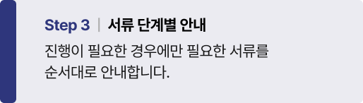 Step 3 서류 단계별 안내 — 진행이 필요한 경우에만 필요한 서류를 순서대로 안내합니다.